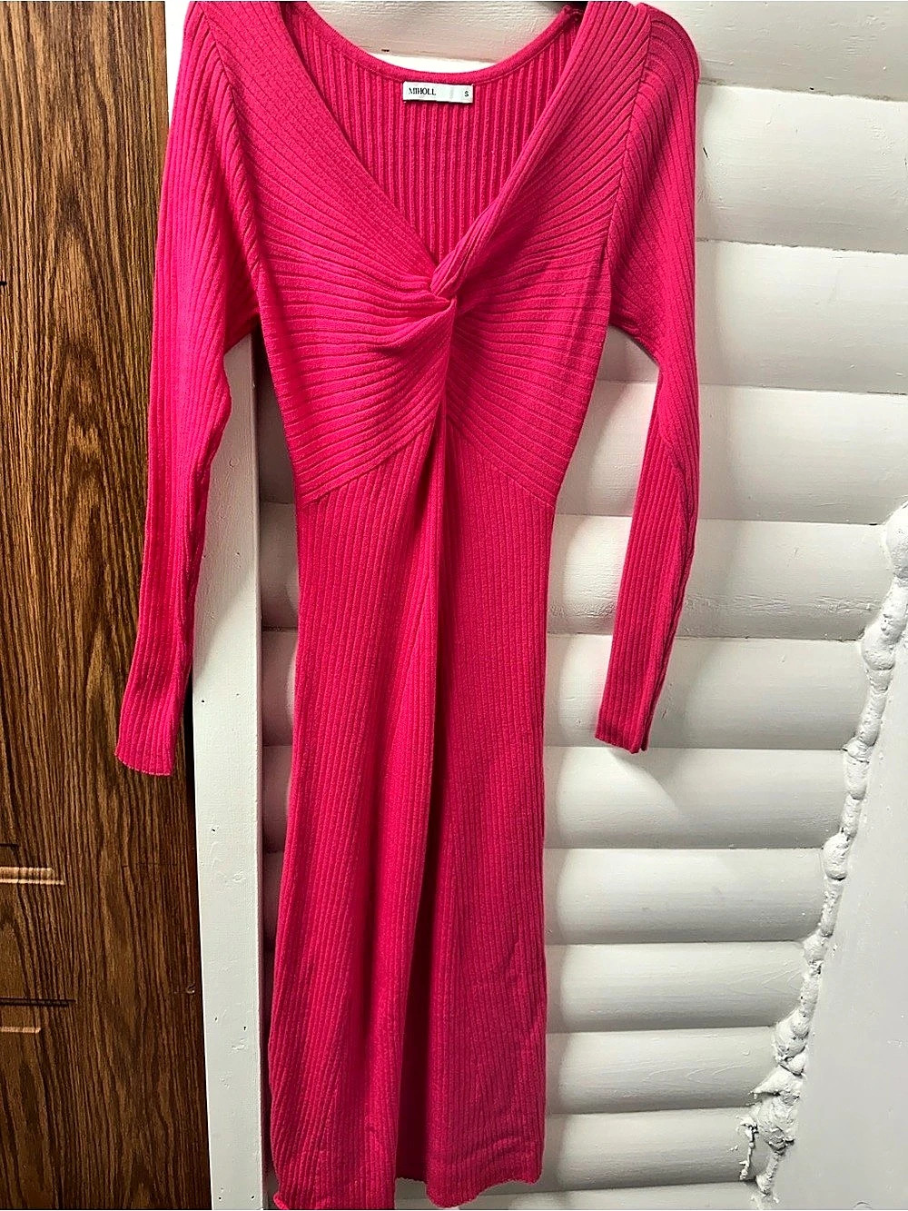Pink Twist Front Long Sleeve Sweater Midi Dress